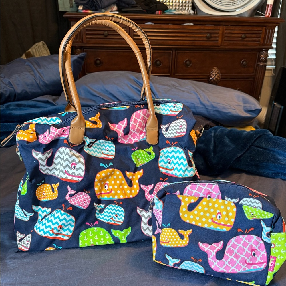 Colorful Whale Print Tote and Pouch Set